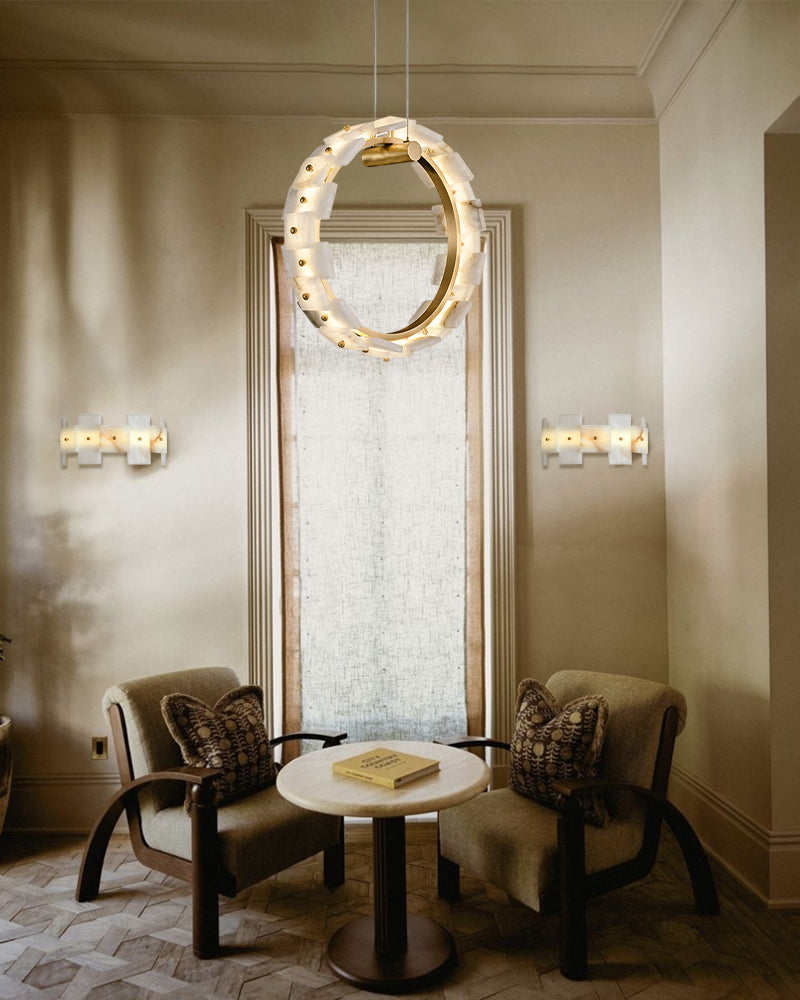Antique Brass Ring Frame Round Halo Alabaster Modern Lighting Chandelier Wide 31 inch