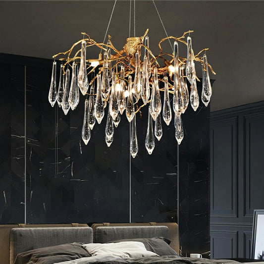 Branch Crystal Drops Chandelier in French Style with Copper Gold Finish for Dining and Living Room Ceiling