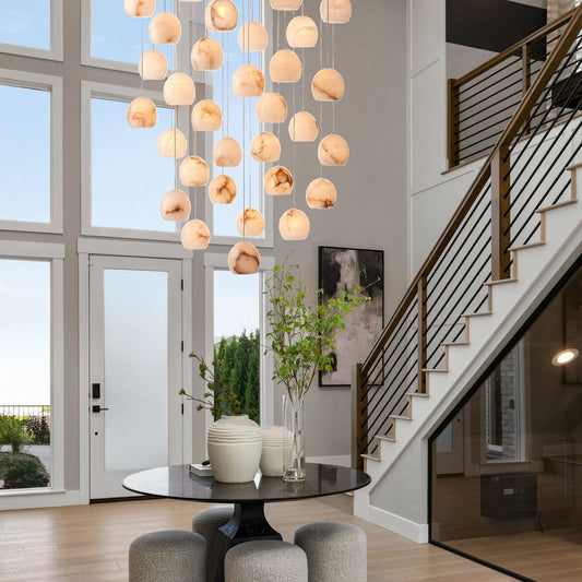 Arica Round Gold Chandelier with Natural Alabaster Stone Shades - GILDLAMPS