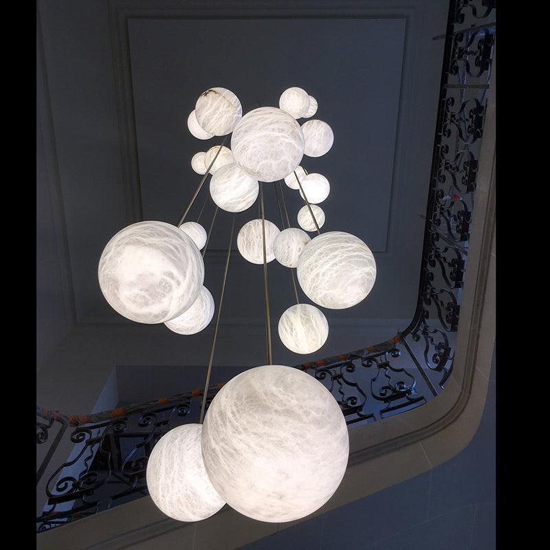 Nami Alabaster Sphere Staircase Chandelier Brass Multi Pendant Light - GILDLAMPS