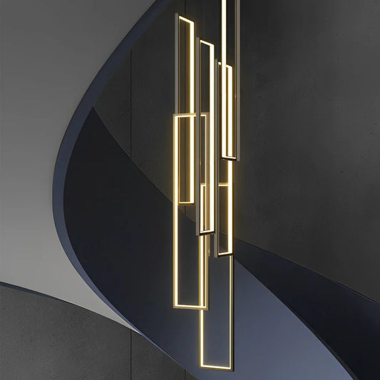 Rectangular Frame Aluminum LED Black Nordic Duplex Stair Chandelier - GILDLAMPS