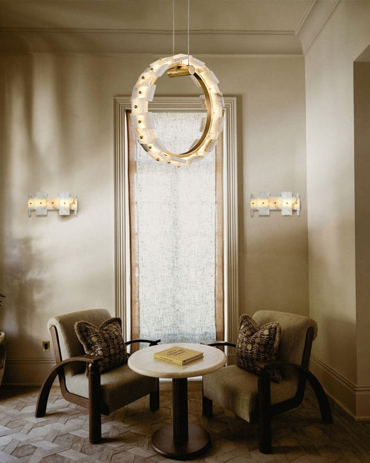 Antique Brass Ring Frame Round Halo Alabaster Modern Lighting Chandelier Wide 31 inch
