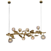 Long Organic Glass Bubble Brass Leaves Branch Chandelier 59" L