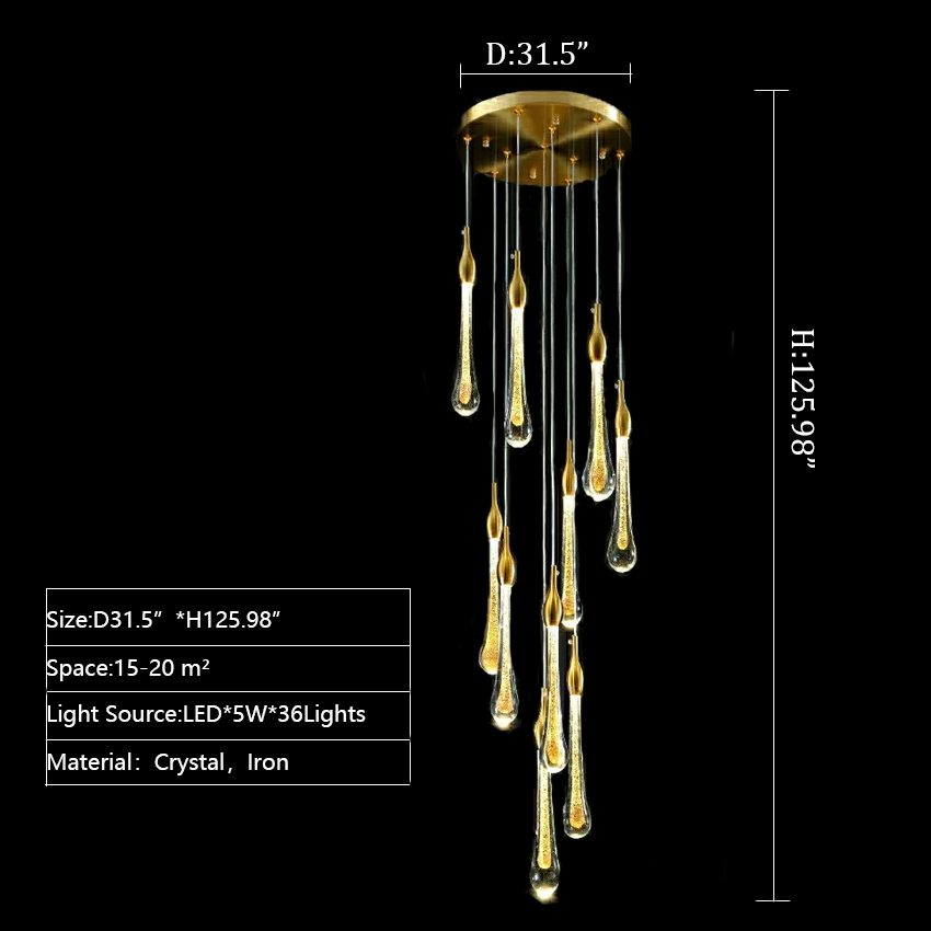 Foyer Glass Drops Pendant Chandelier Spiral Staircase High Ceiling Light Fixture In Gold Finish