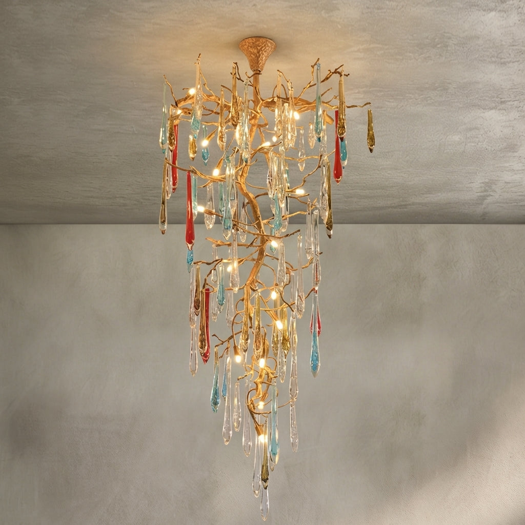 Modern Light Luxury Brass Branches Colored Glass Column Chandelier