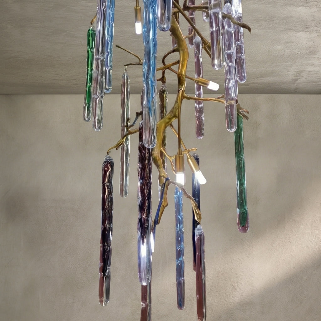 Modern Light Luxury Brass Branches Colored Glass Column Chandelier