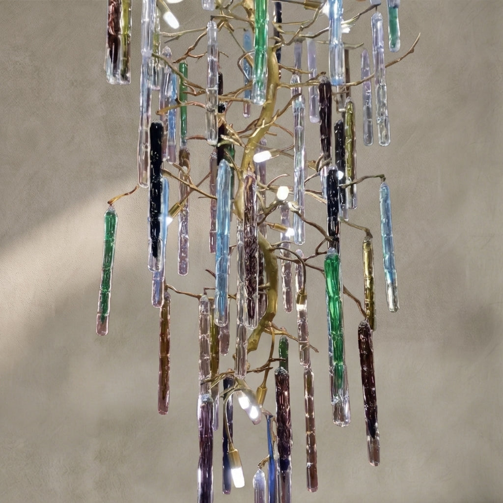 Modern Light Luxury Brass Branches Colored Glass Column Chandelier