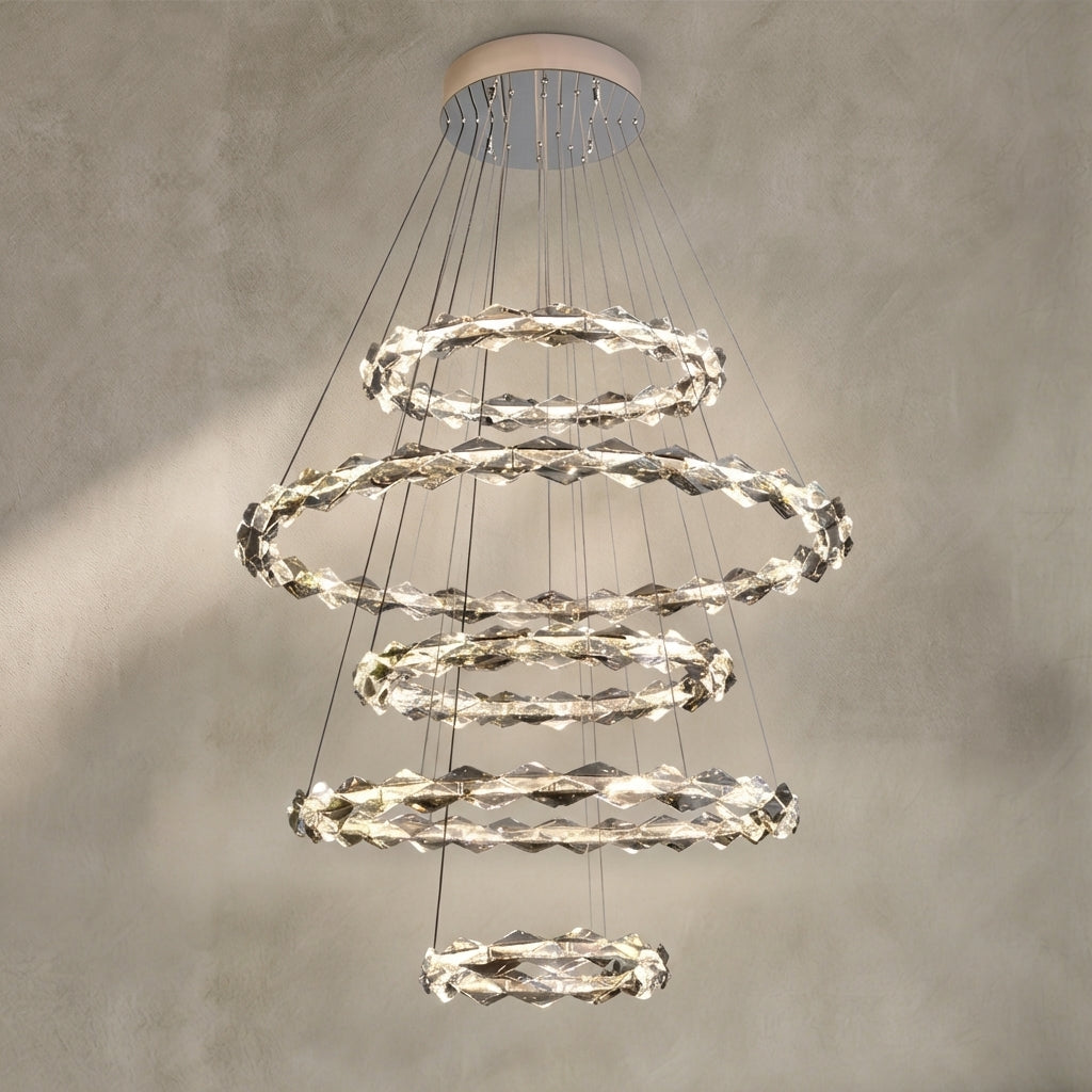 Oversized Multi-Tiered Rings Crystal Chandelier Modern Clear and Grey Crystal Ceiling Light Fixture For Staircase/Foyer/Hallway/Entryway