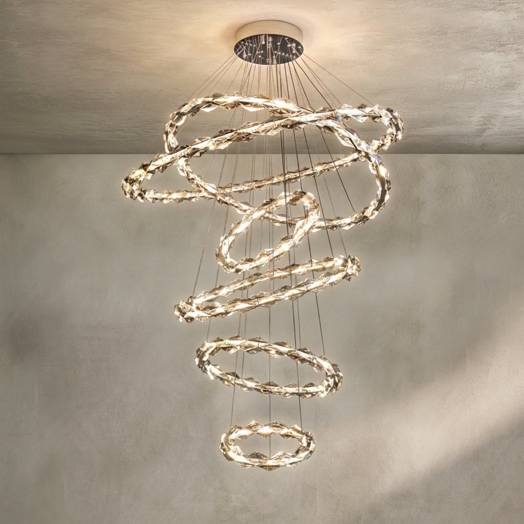 Oversized Multi-Tiered Rings Crystal Chandelier Modern Clear and Grey Crystal Ceiling Light Fixture For Staircase/Foyer/Hallway/Entryway