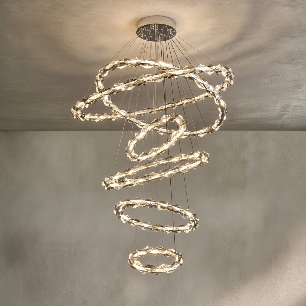 Oversized Multi-Tiered Rings Crystal Chandelier Modern Clear and Grey Crystal Ceiling Light Fixture For Staircase/Foyer/Hallway/Entryway
