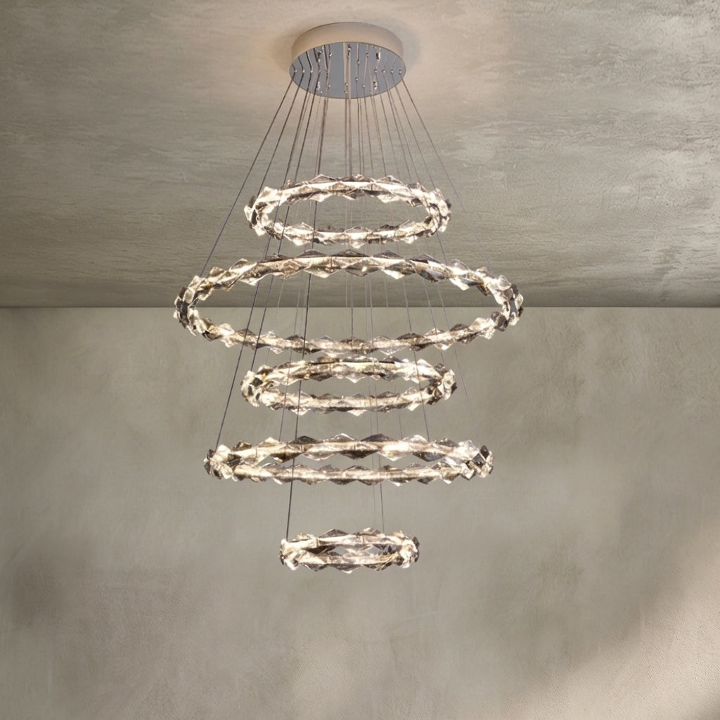 Oversized Multi-Tiered Rings Crystal Chandelier Modern Clear and Grey Crystal Ceiling Light Fixture For Staircase/Foyer/Hallway/Entryway