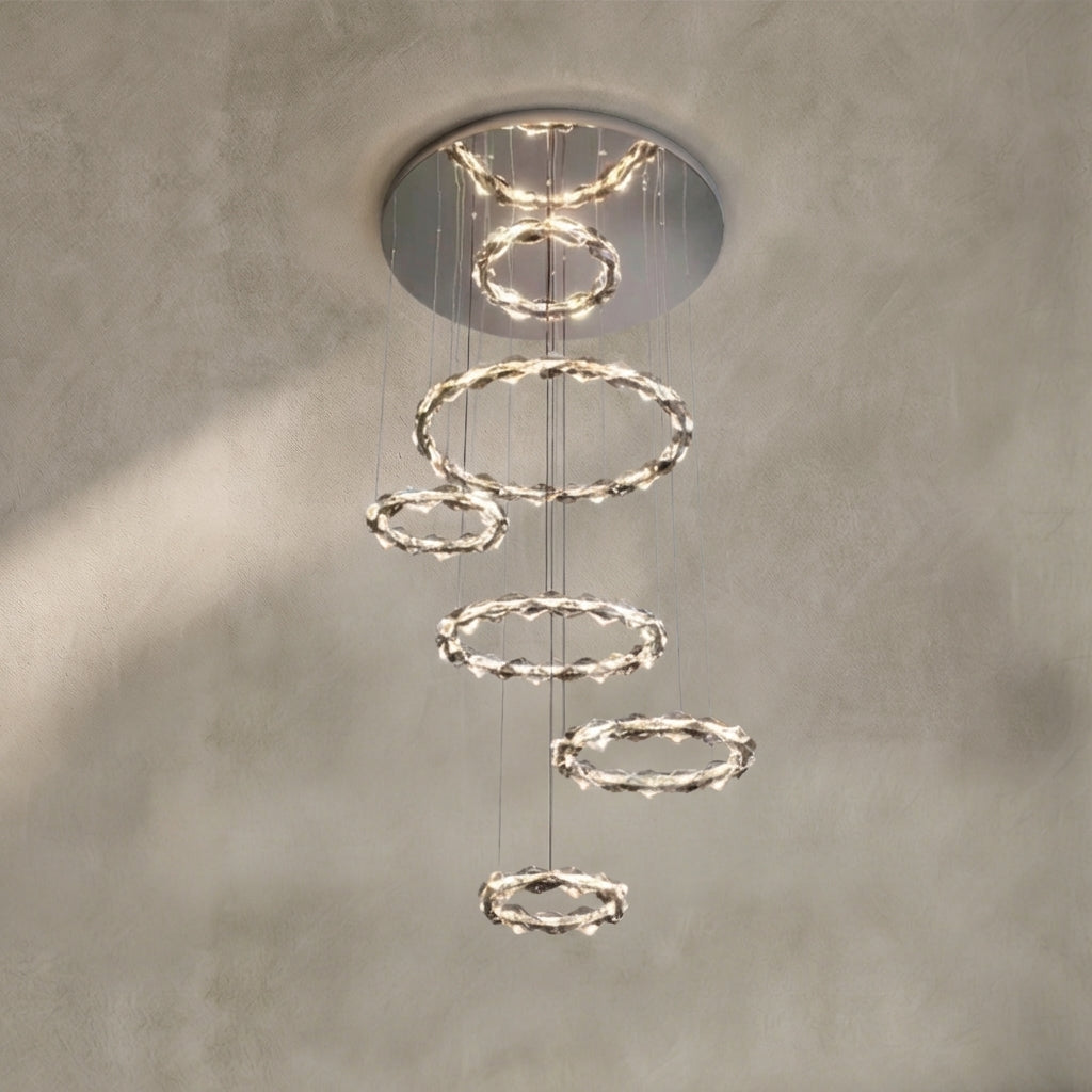 Oversized Multi-Tiered Rings Crystal Chandelier Modern Clear and Grey Crystal Ceiling Light Fixture For Staircase/Foyer/Hallway/Entryway