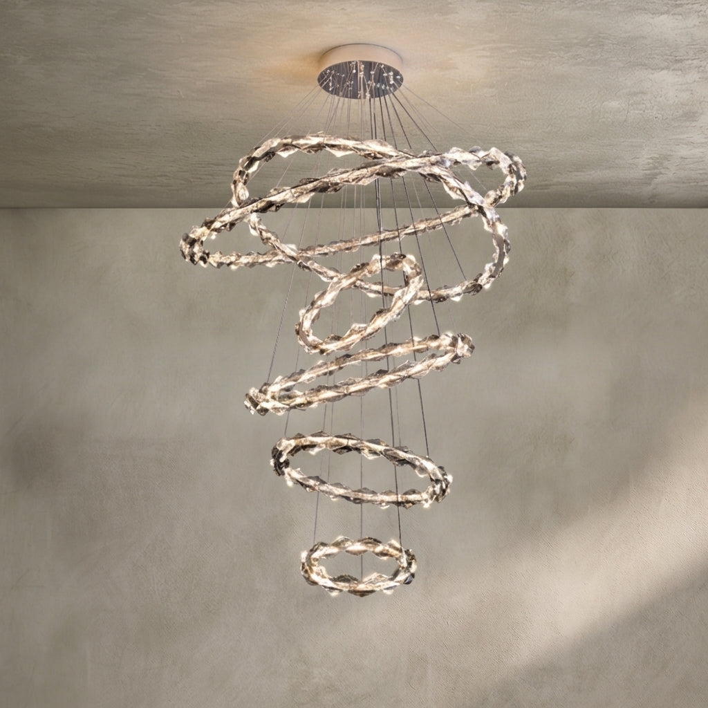 Oversized Multi-Tiered Rings Crystal Chandelier Modern Clear and Grey Crystal Ceiling Light Fixture For Staircase/Foyer/Hallway/Entryway