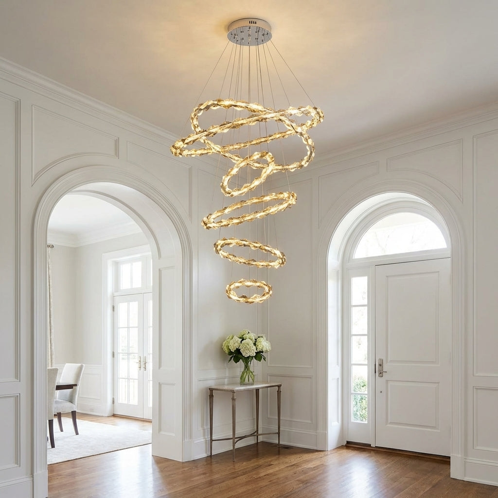 Oversized Multi-Tiered Rings Crystal Chandelier Modern Clear and Grey Crystal Ceiling Light Fixture For Staircase/Foyer/Hallway/Entryway