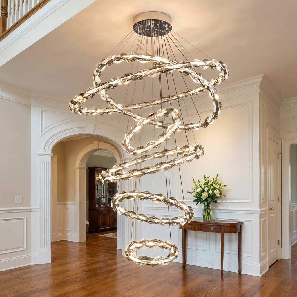 Oversized Multi-Tiered Rings Crystal Chandelier Modern Clear and Grey Crystal Ceiling Light Fixture For Staircase/Foyer/Hallway/Entryway