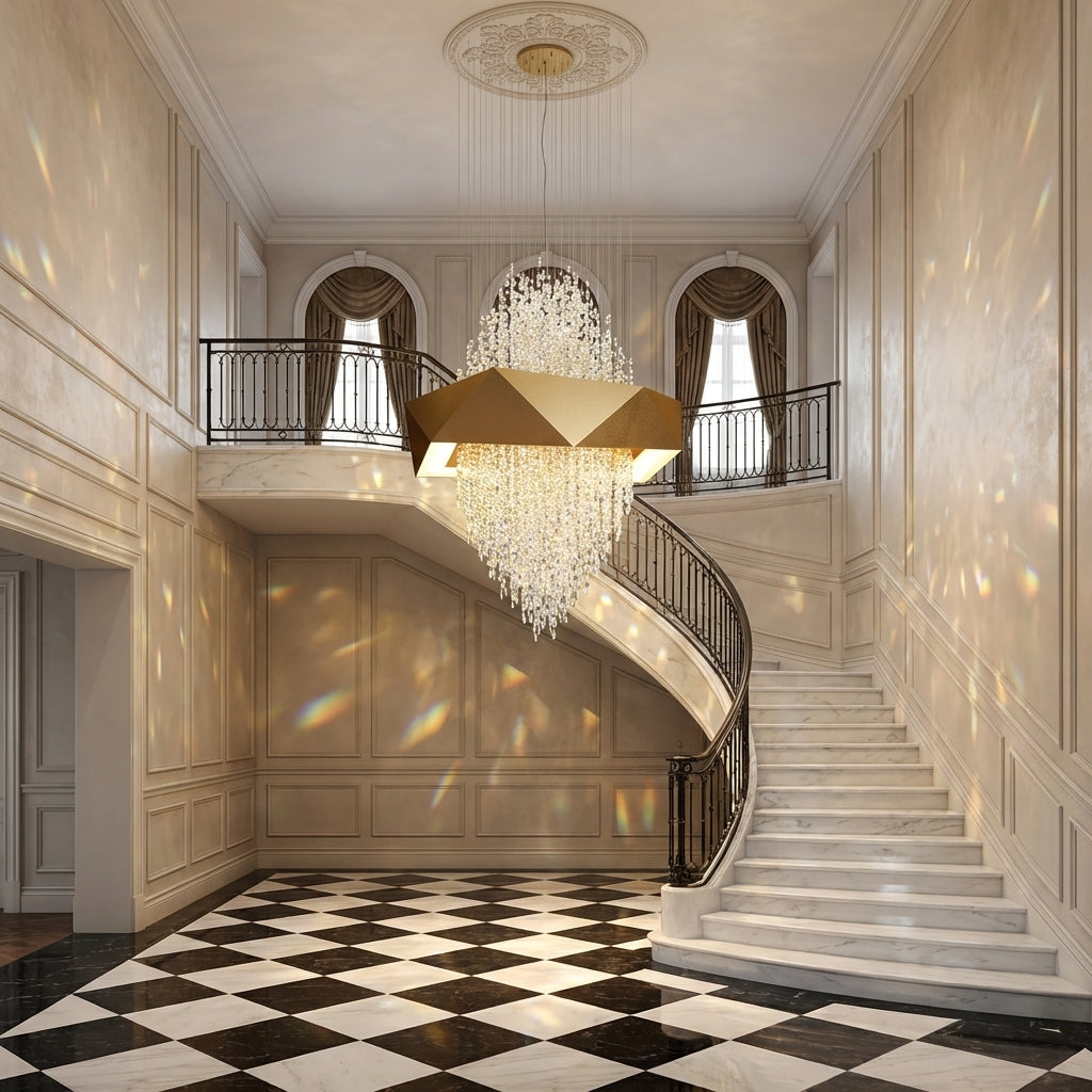 Duplex Living Room Crystal Pendant Chandelier Luxury Hotel Entryway Ceiling Light Fixture In Gold Finish