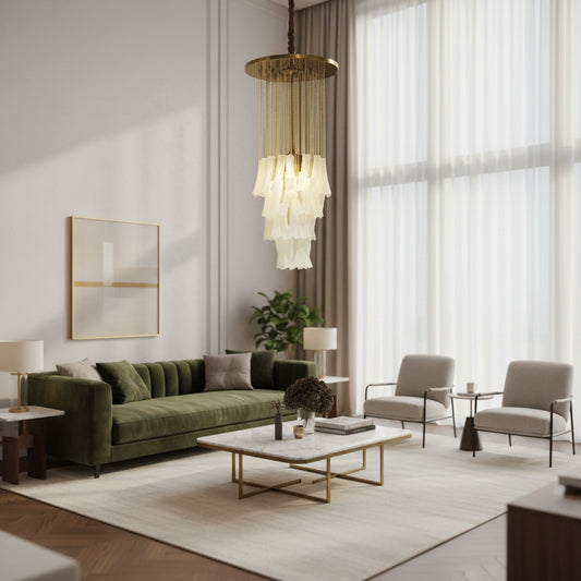 Modern Chandelier with Gold Chains and White Glass Shades