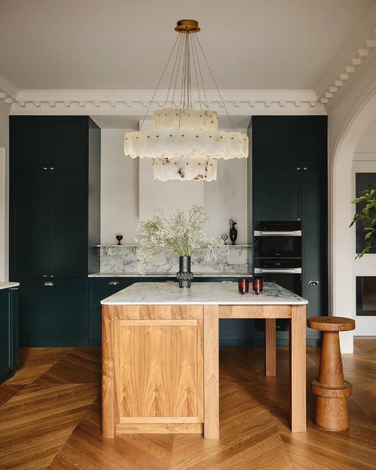 3 - tiered stairwell chandeliers | irregular alabaster plate in disk ceiling with long cord - GILDLAMPS