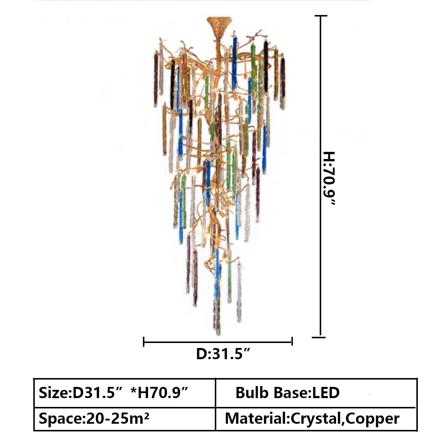 Modern Light Luxury Brass Branches Colored Glass Column Chandelier