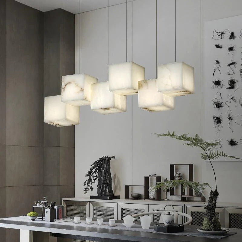 Vasilia Alabaster Cubic Pendant For Dining Table, Kitchen Island Pendant