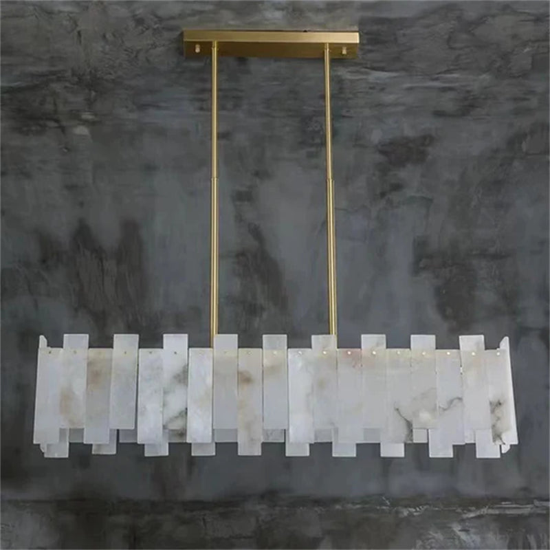 Jean Modern Marble Alabaster Linear Chandelier Over Dining Table