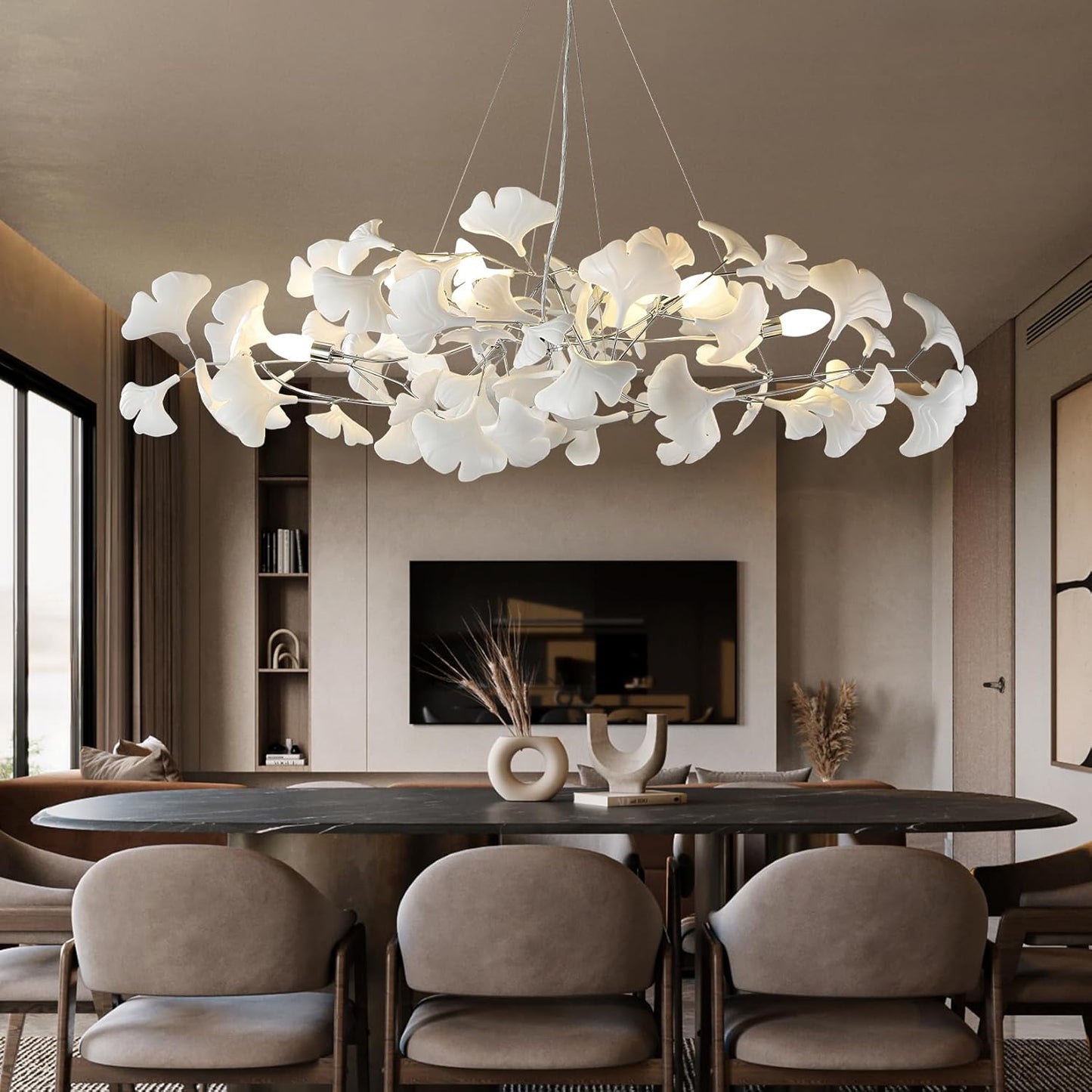 Silver Ceramic Ginkgo Leaf Branch Chandelier – 47.2 inch Brass Rectangle