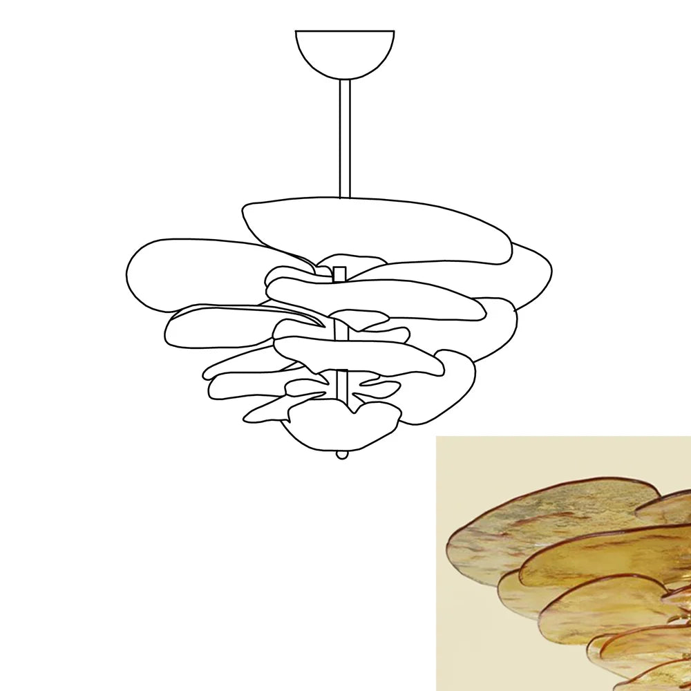 Leaf-Shaped Amber Textured Glass Chandelier