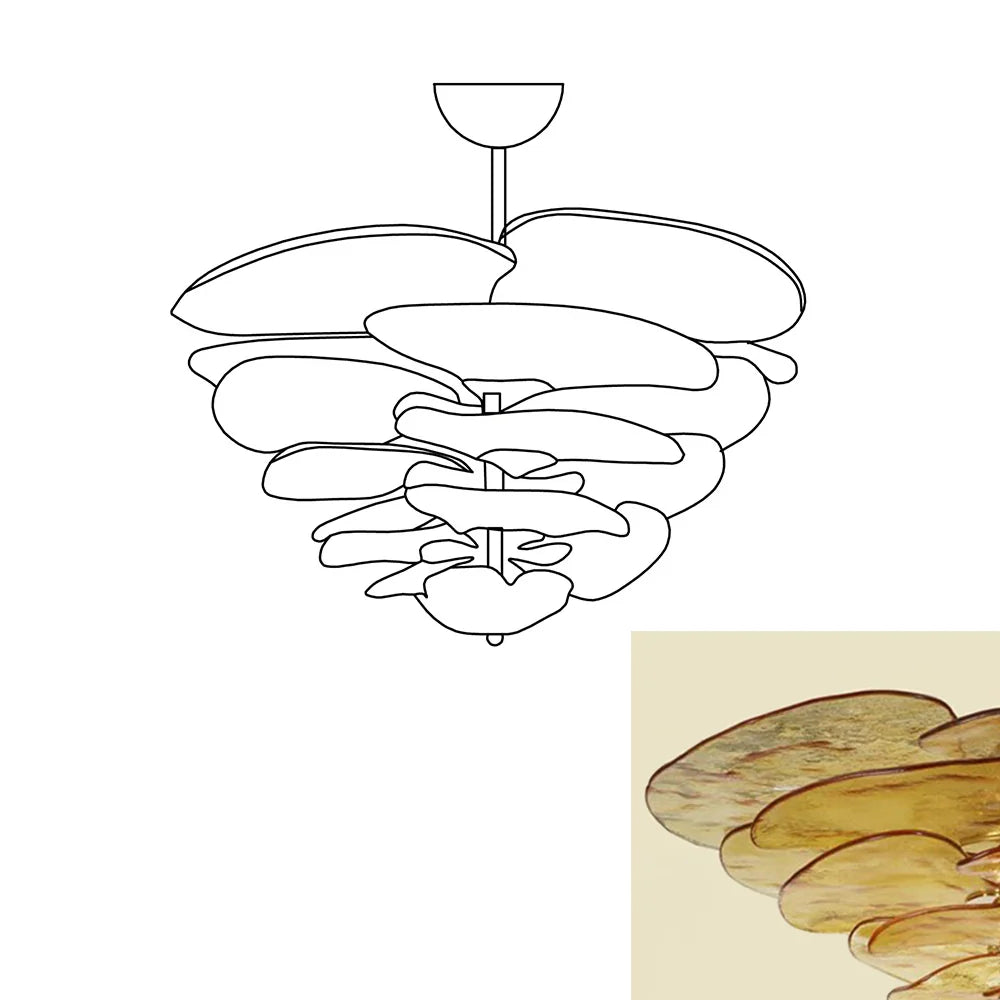 Leaf-Shaped Amber Textured Glass Chandelier