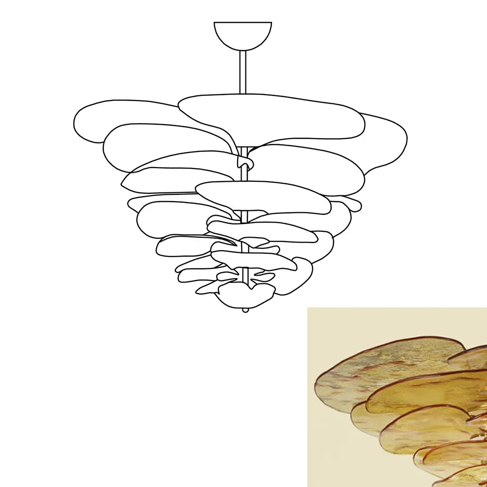 Leaf-Shaped Amber Textured Glass Chandelier
