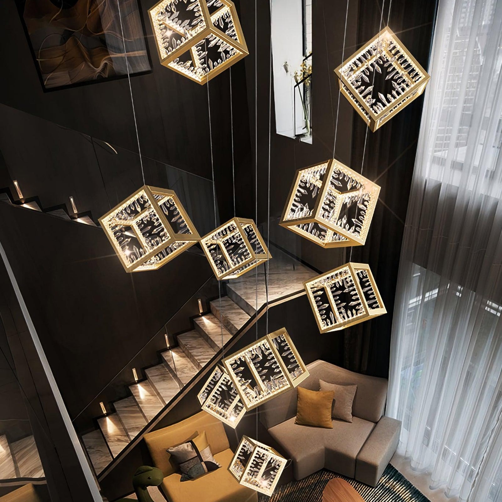 Modern Gold Cube Crystal Chandelier