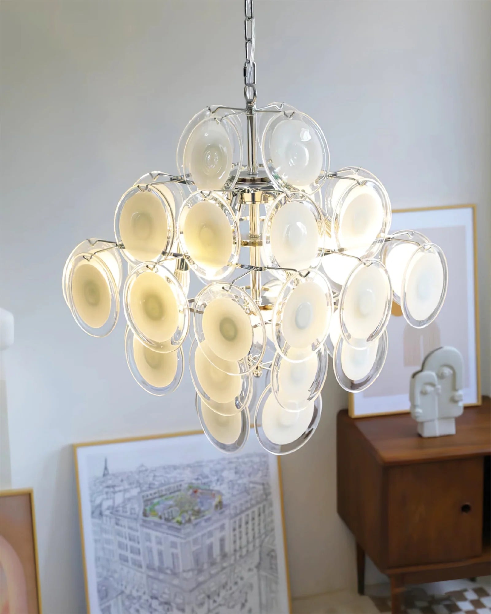 Round White Transparent Glass Disc Chandelier