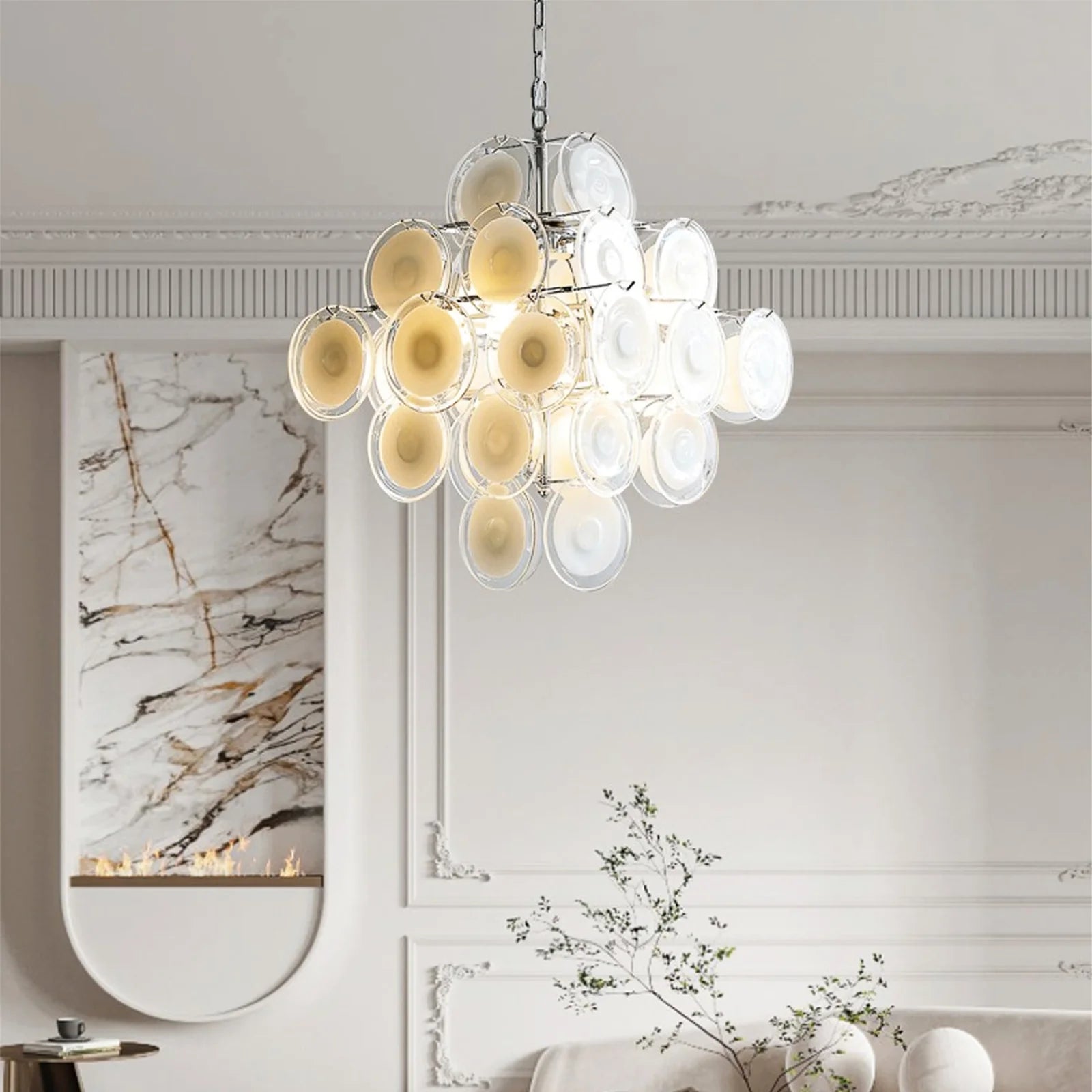 Round White Transparent Glass Disc Chandelier