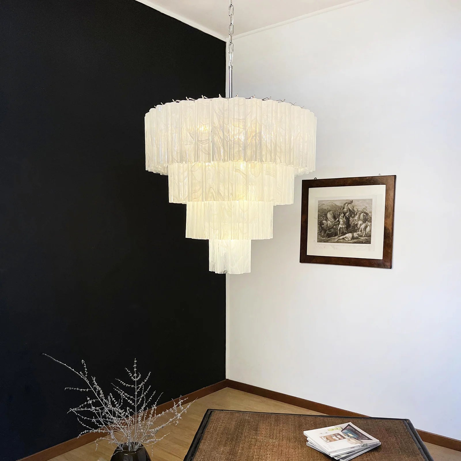 Murano White Glass Tubes Chandelier