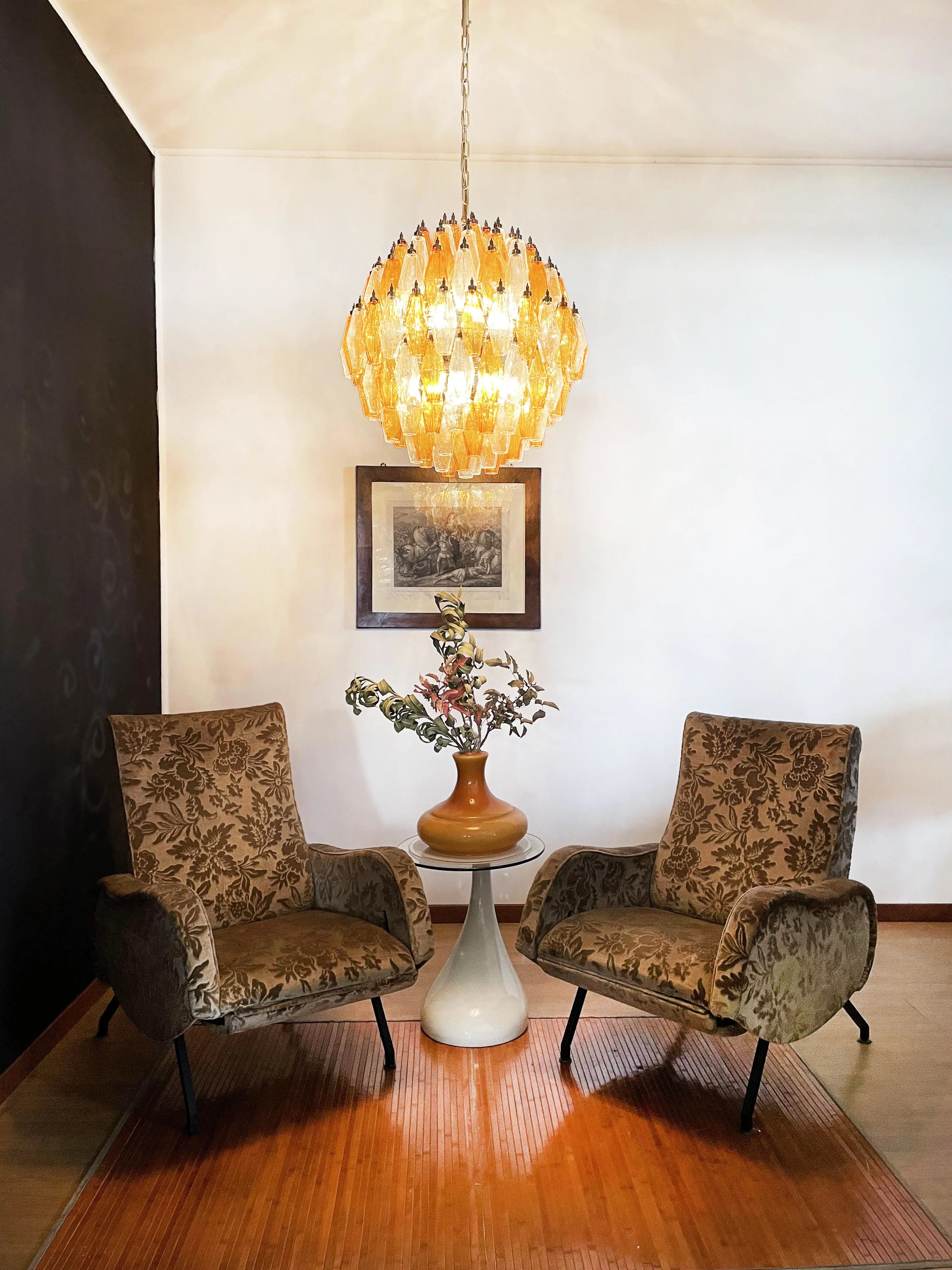Spherical Murano Poliedri Amber Transparent Glass Chandelier