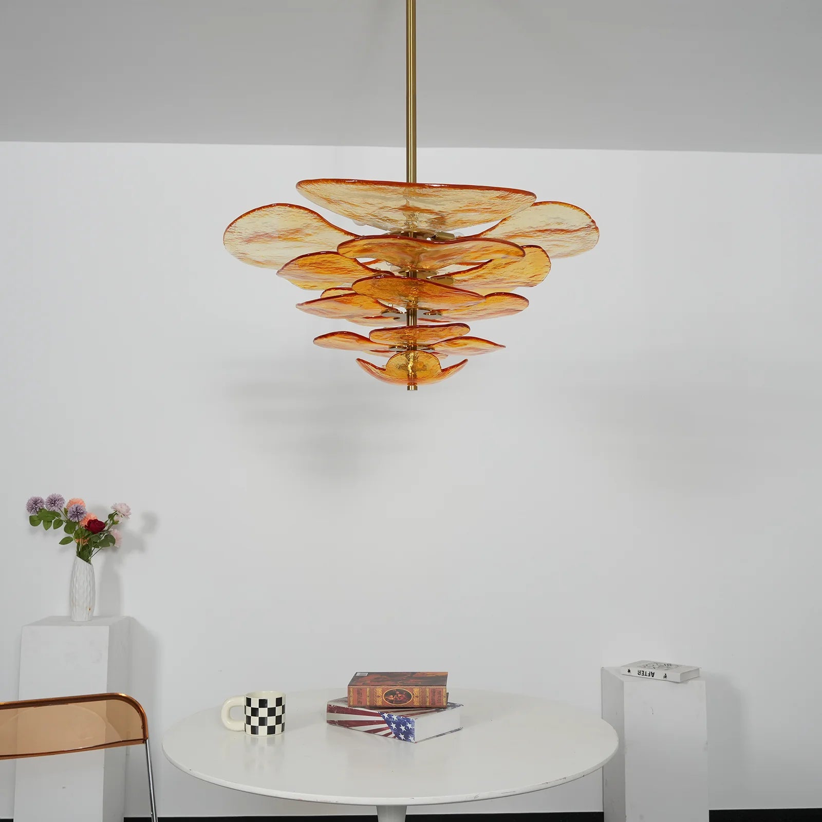 Leaf-Shaped Amber Textured Glass Chandelier