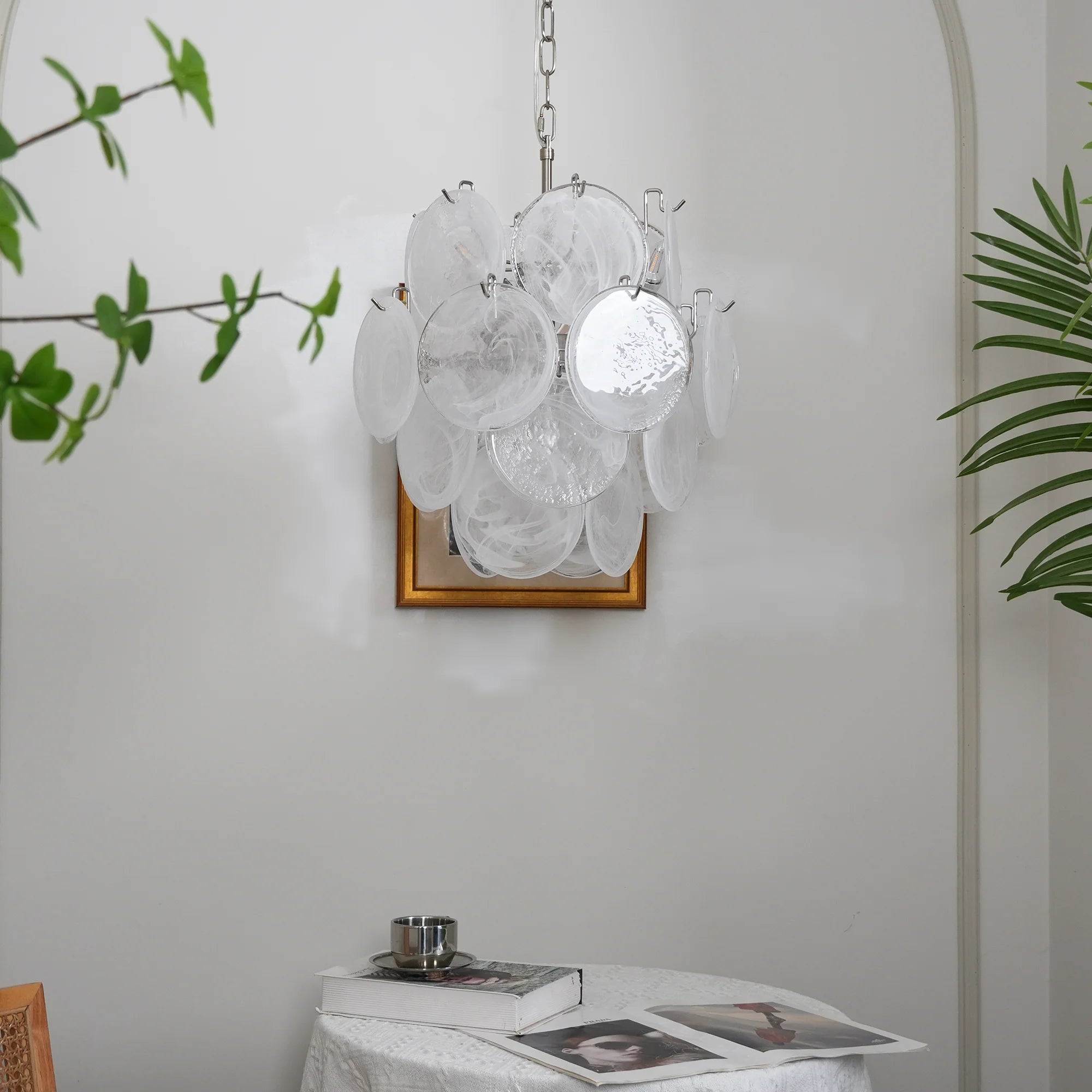 Vintage Murano White Glass Disks Chandelier