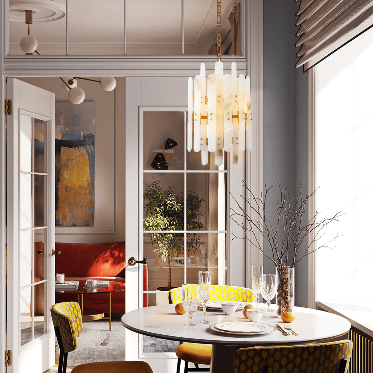 Alabaster Shield Long Pendant 12 Lights Chandelier - GILDLAMPS