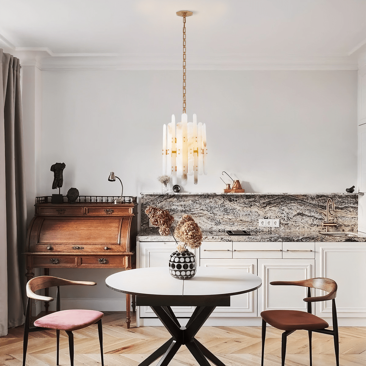 Alabaster Shield Long Pendant 12 Lights Chandelier - GILDLAMPS