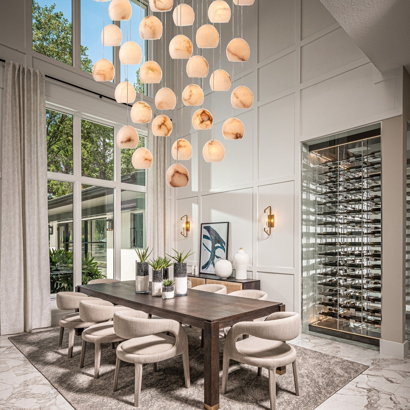 Arica Round Gold Chandelier with Natural Alabaster Stone Shades - GILDLAMPS