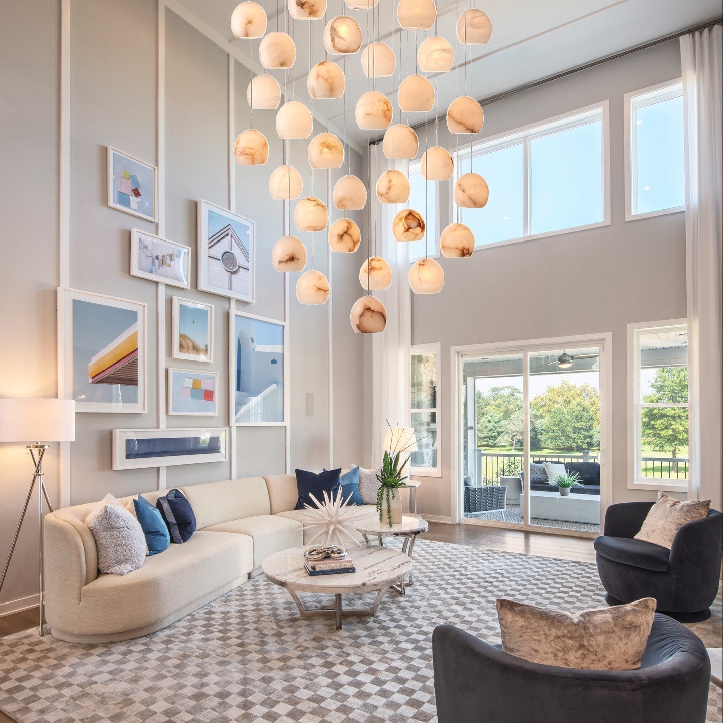 Arica Round Gold Chandelier with Natural Alabaster Stone Shades - GILDLAMPS