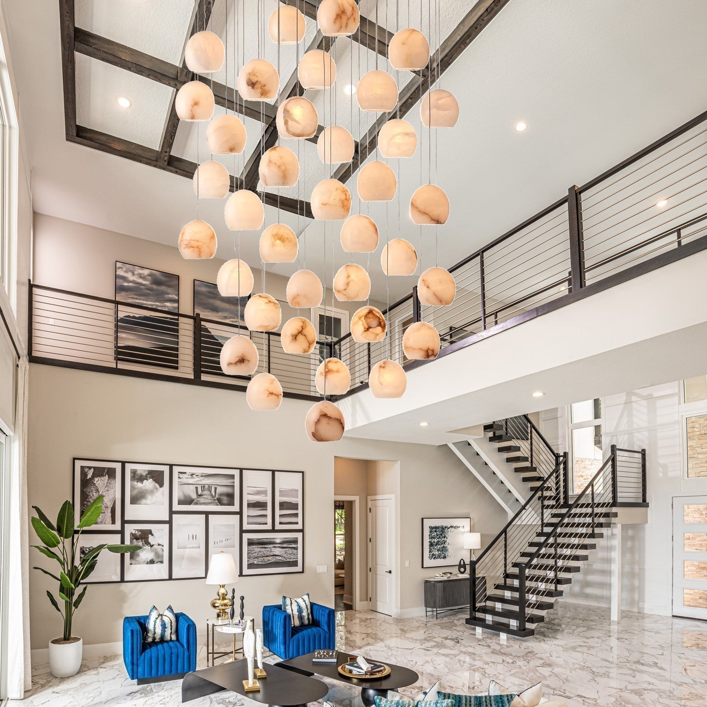 Arica Round Gold Chandelier with Natural Alabaster Stone Shades - GILDLAMPS