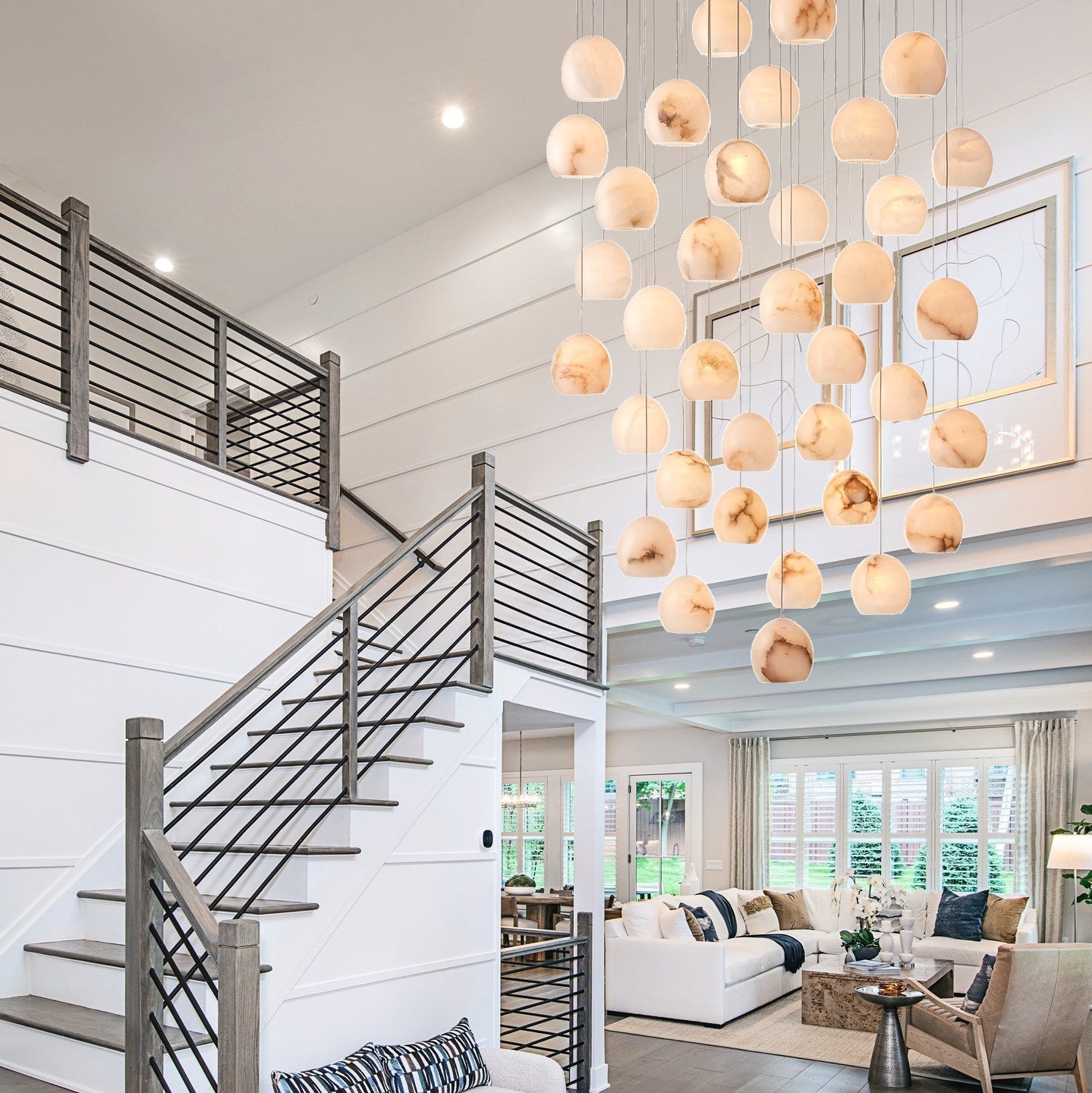 Arica Round Gold Chandelier with Natural Alabaster Stone Shades - GILDLAMPS