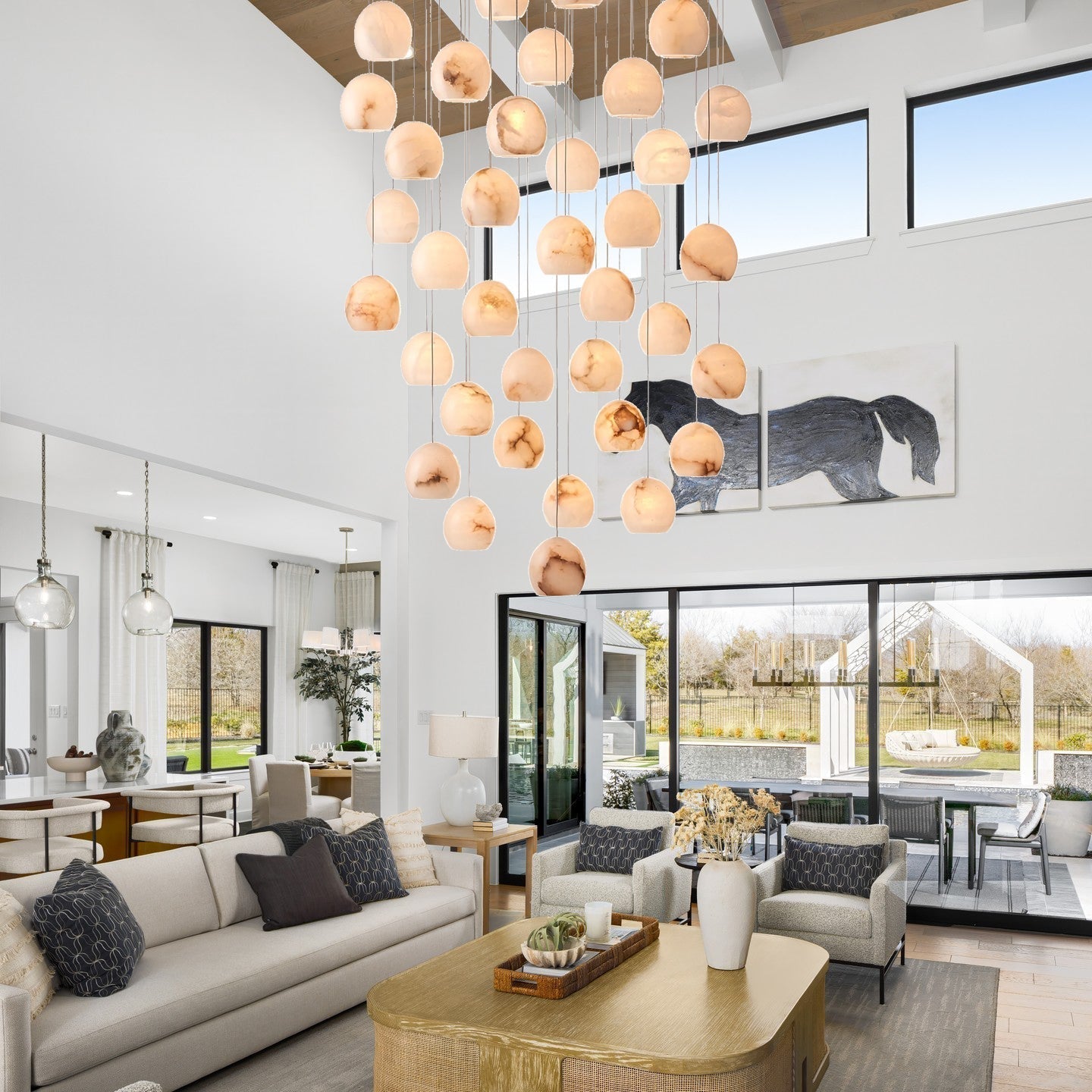 Arica Round Gold Chandelier with Natural Alabaster Stone Shades - GILDLAMPS