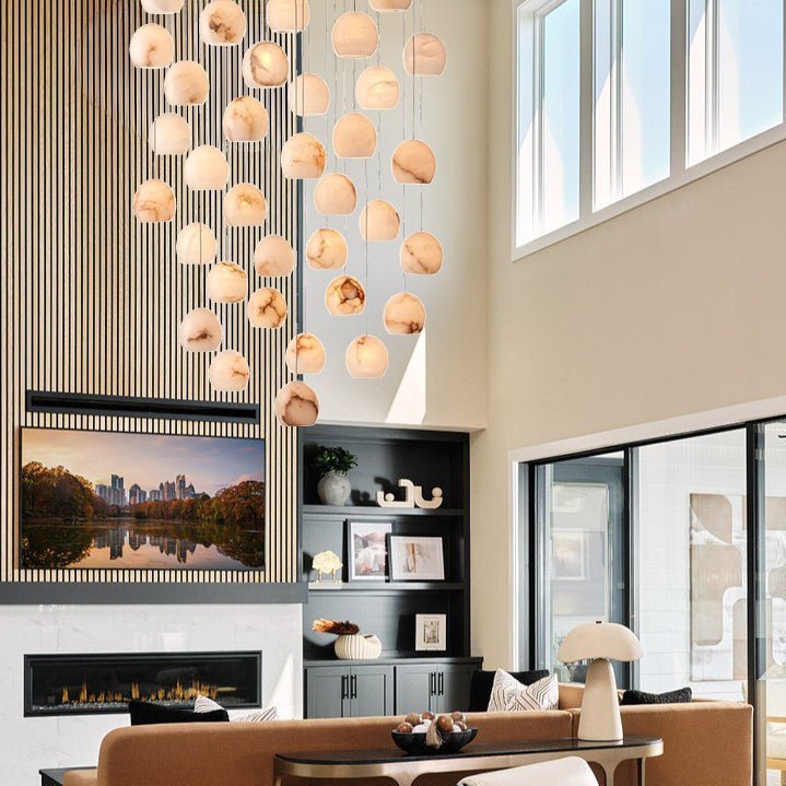 Arica Round Gold Chandelier with Natural Alabaster Stone Shades - GILDLAMPS