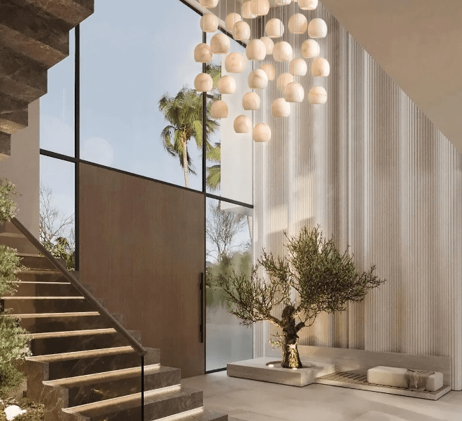 Arica Round Gold Chandelier with Natural Alabaster Stone Shades - GILDLAMPS