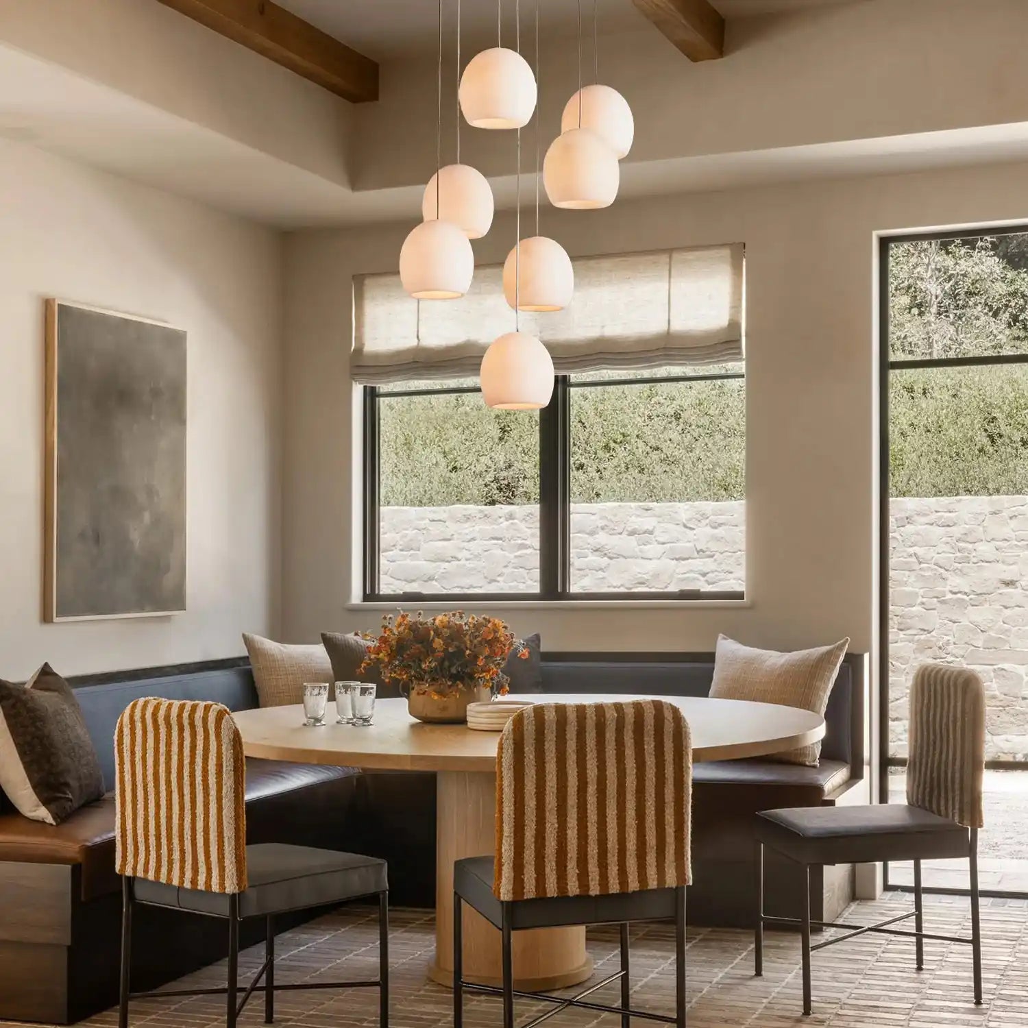 Arica Round Gold Chandelier with Natural Alabaster Stone Shades - GILDLAMPS