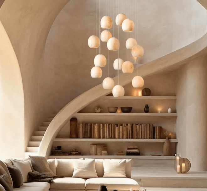 Arica Round Gold Chandelier with Natural Alabaster Stone Shades - GILDLAMPS