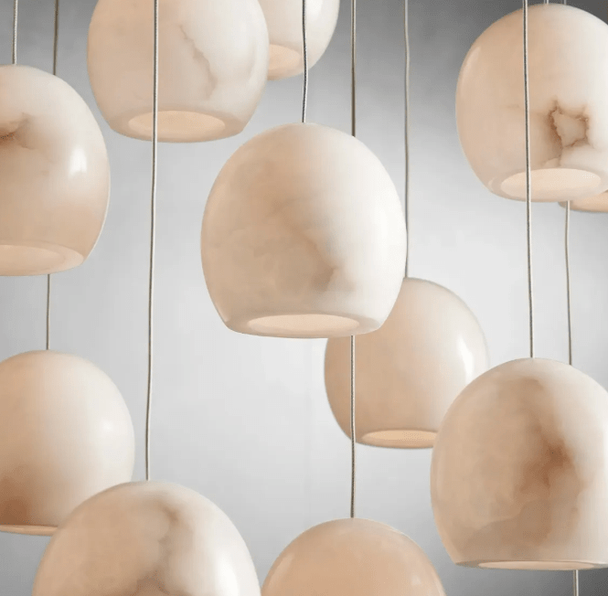 Arica Round Gold Chandelier with Natural Alabaster Stone Shades - GILDLAMPS