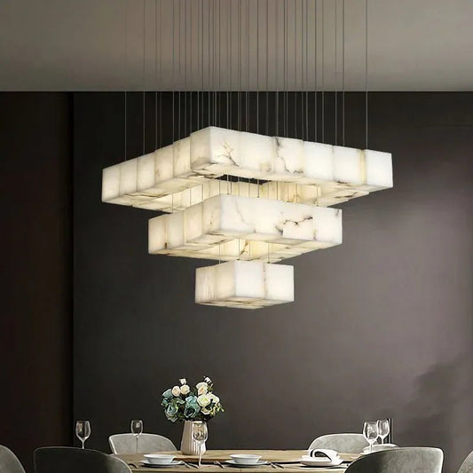 Gavin Alabaster Cube Foyer Staircase Long Chandelier 7/ 9/ 12/ 18/ 25/ 36 Lights - GILDLAMPS