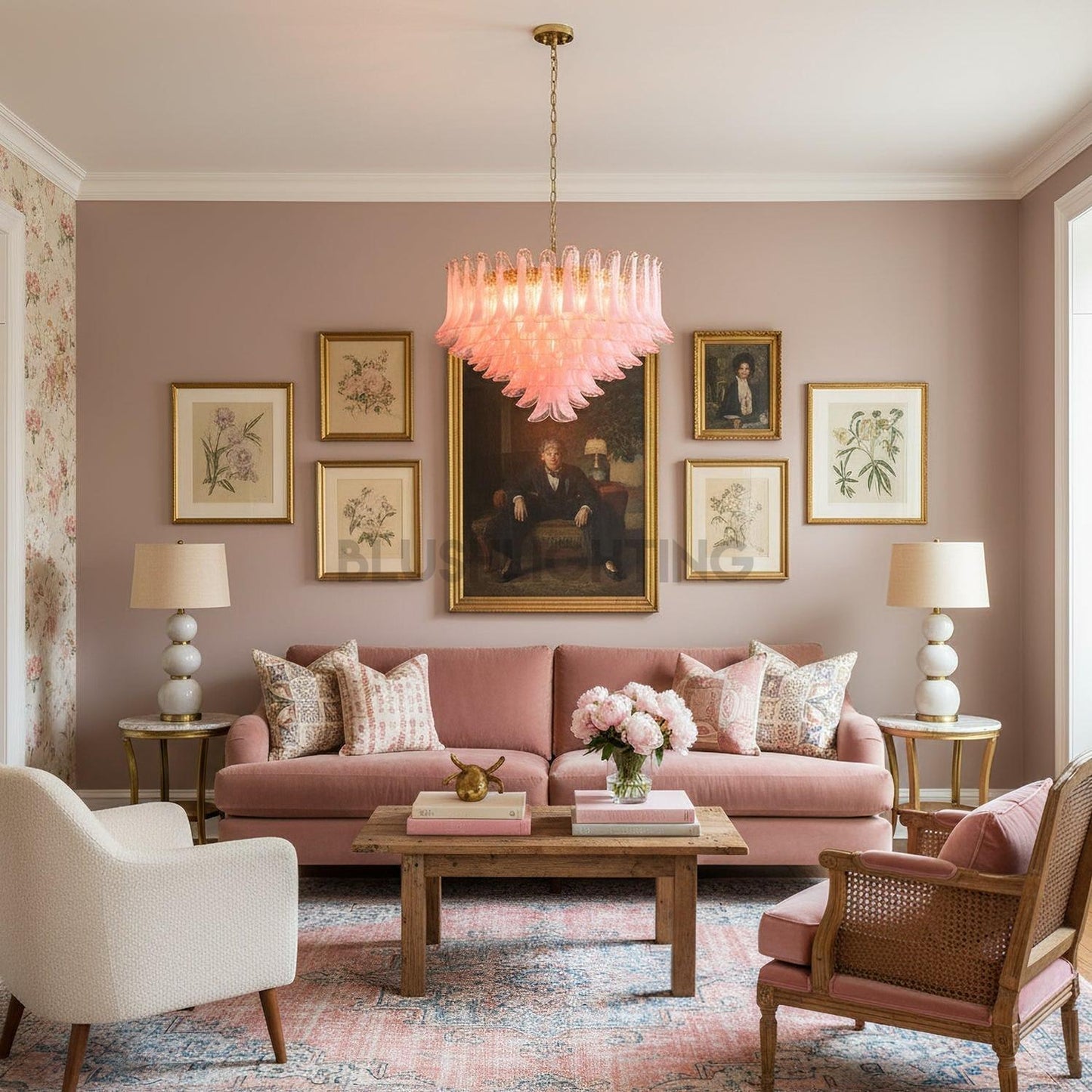 Gold & Pink Barcelona Murano Chandelier with 16 E14 Bulbs - GILDLAMPS